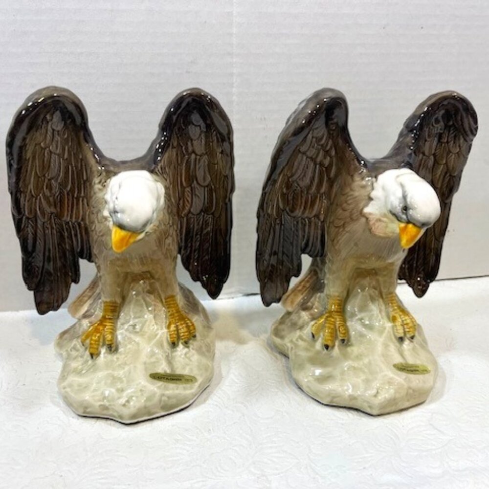 VTG TWO Ceramic Bald Eagle Book Ends Statues Hand Painted Japan 7.25" Tall